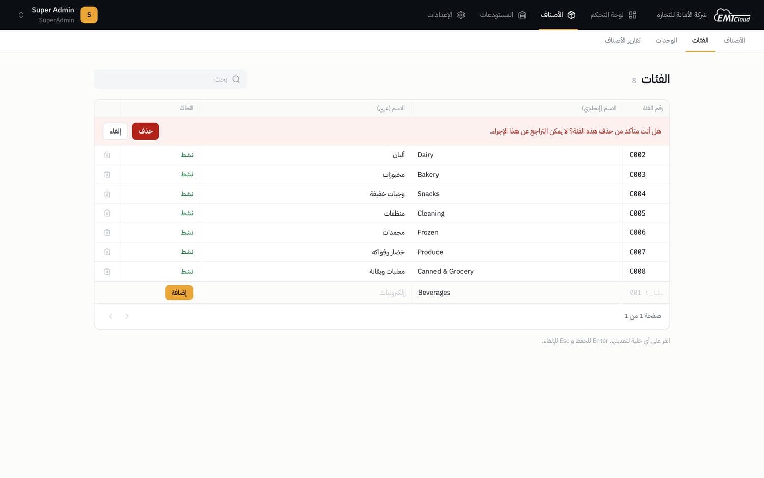 Categories grid: the row itself transformed into a red delete-confirmation bar with cancel and delete buttons
