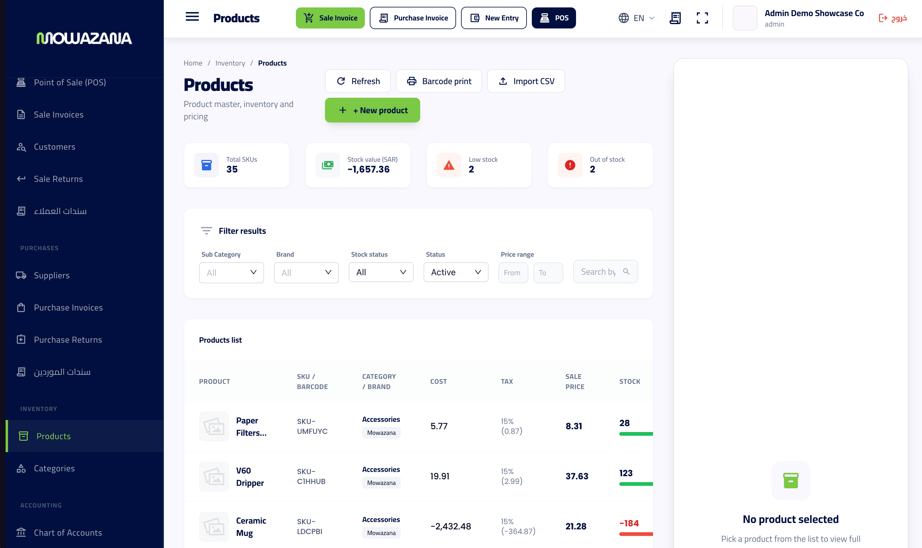 Products master: SKUs, stock value, low and out-of-stock