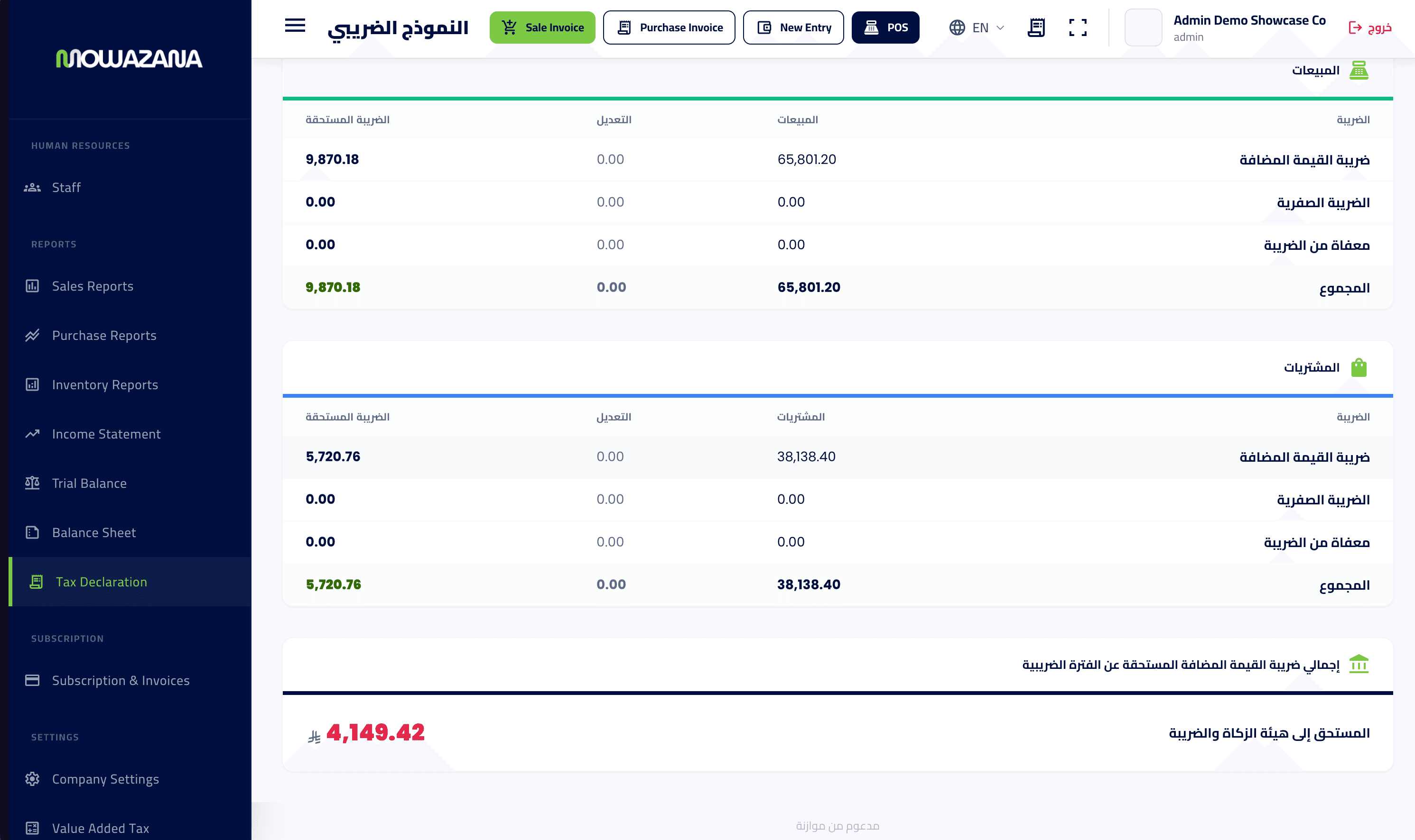 VAT return: purchases, input VAT, and net VAT due to ZATCA