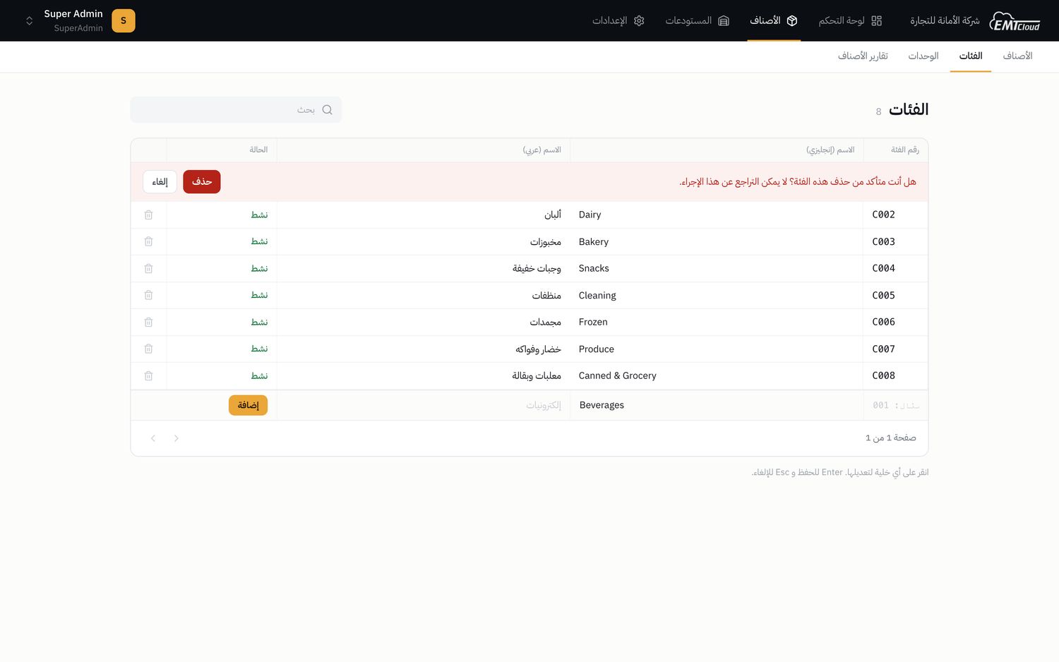 Categories grid: the row itself transformed into a red delete-confirmation bar with cancel and delete buttons