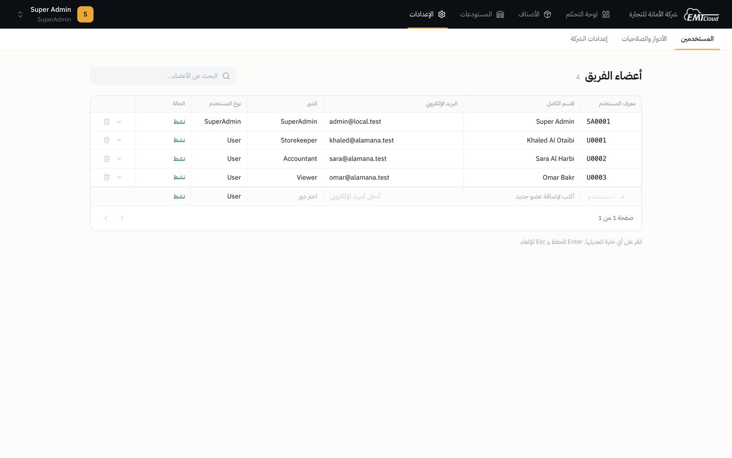 Users grid: ID, name, email, role, type, and status, every cell edited in place with the role picked from an in-cell menu
