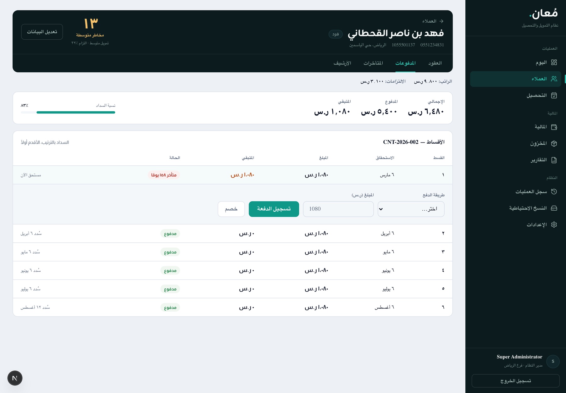 Client payments tab: the auto-generated installment schedule — five rows paid, one flagged 158 days late with inline payment recording and a discount action