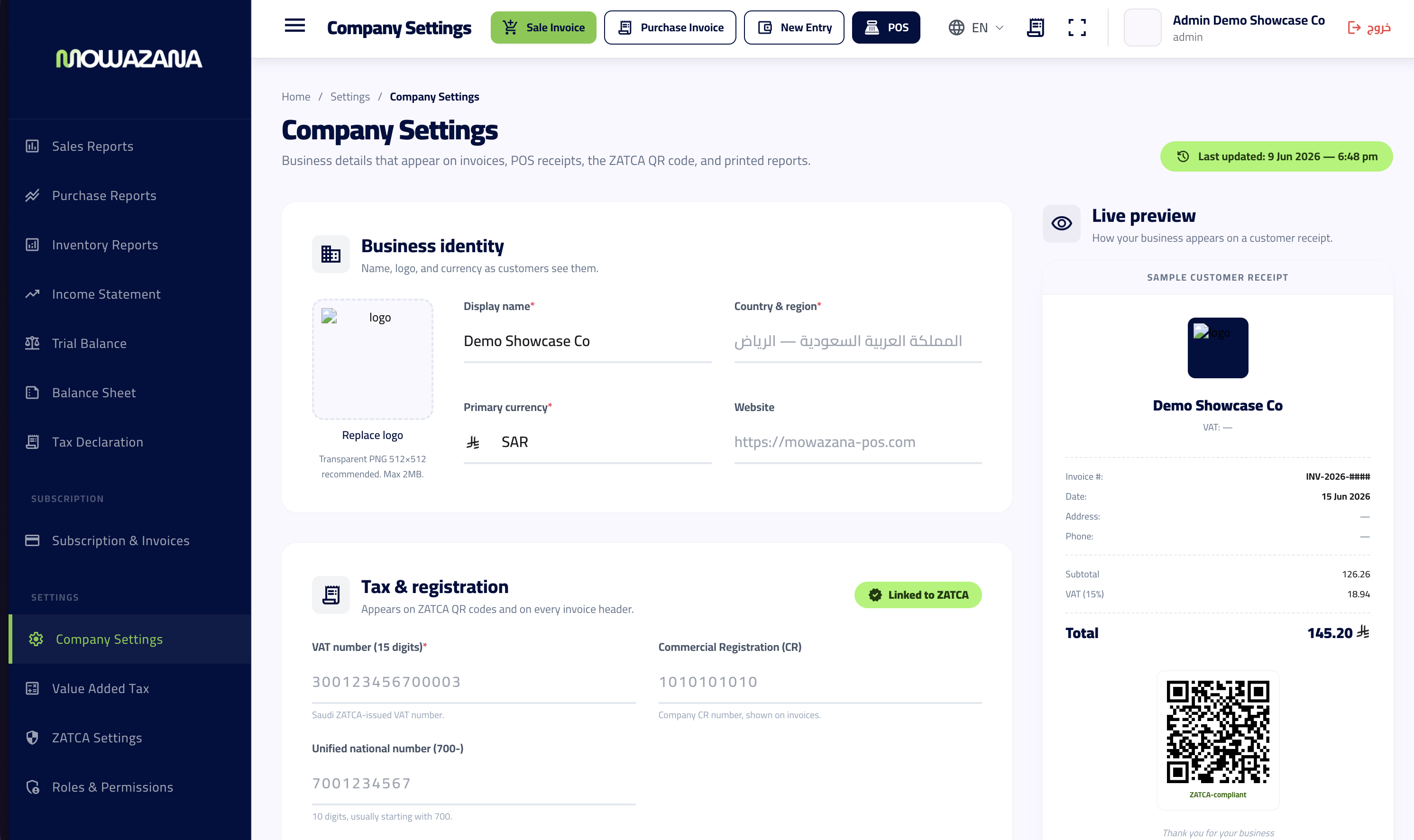 Company settings with tax registration linked to ZATCA and a live receipt preview with QR