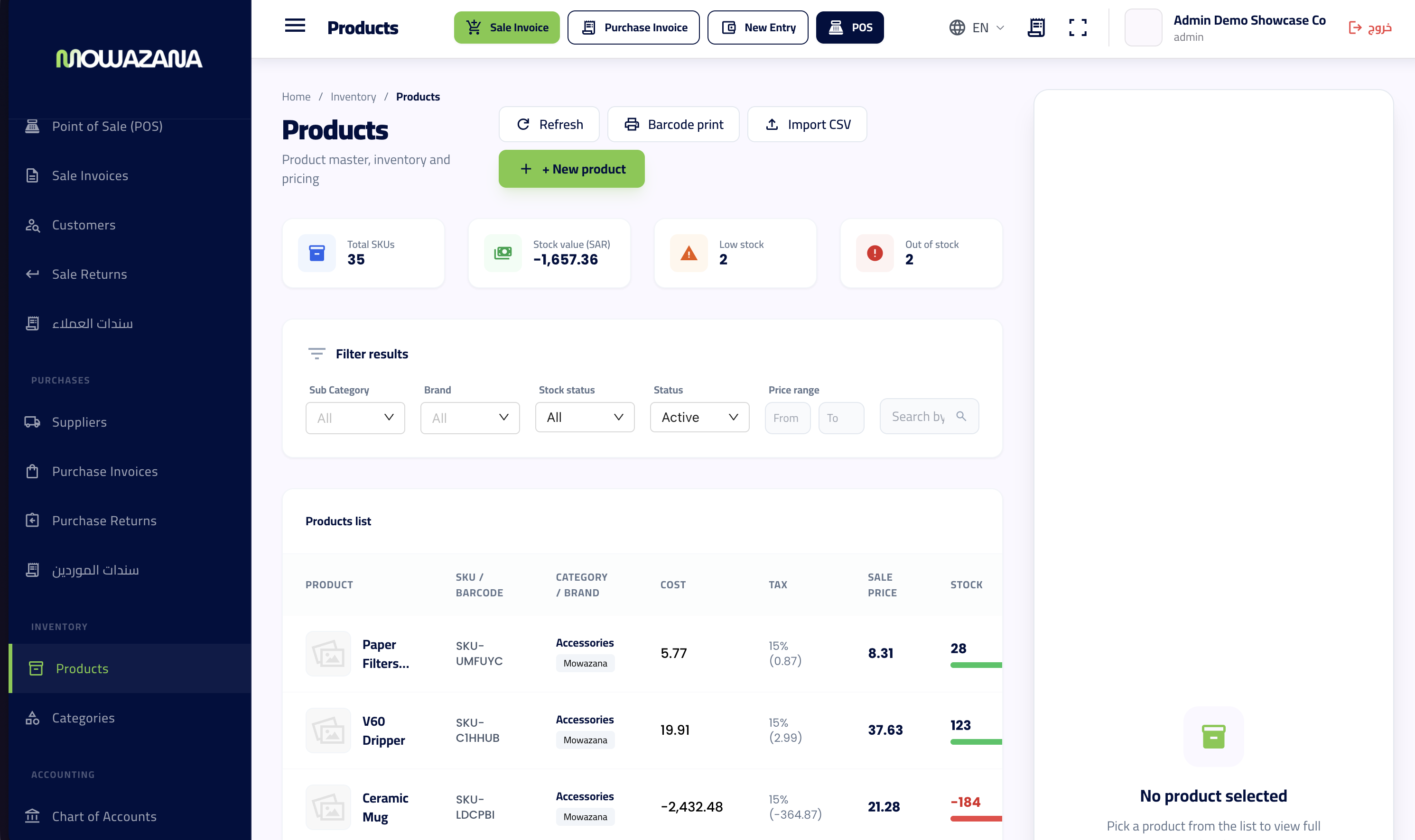 Products master: SKUs, stock value, low and out-of-stock