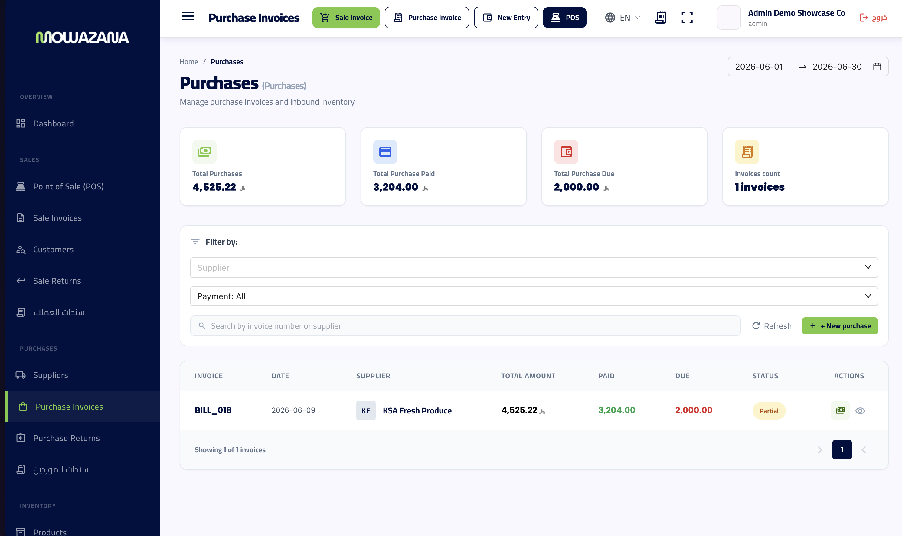 Purchase invoices list with KPIs