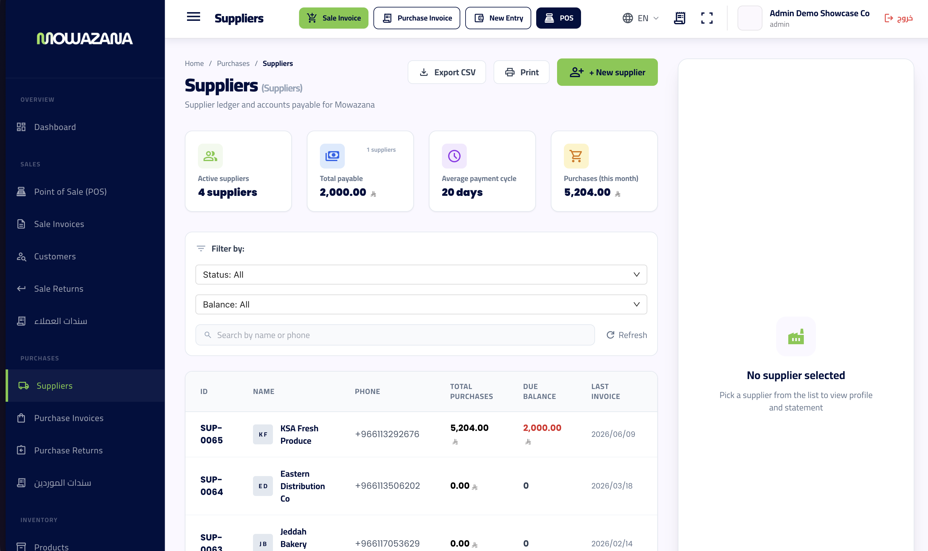 Suppliers ledger and accounts payable with KPIs